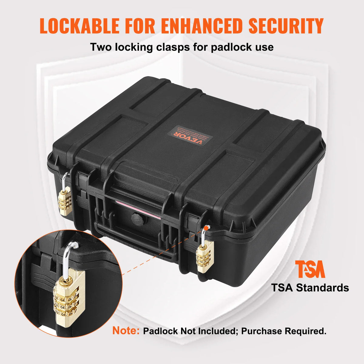 Hard protective case for firearms showing secure lockable latches and padlock compatibility.