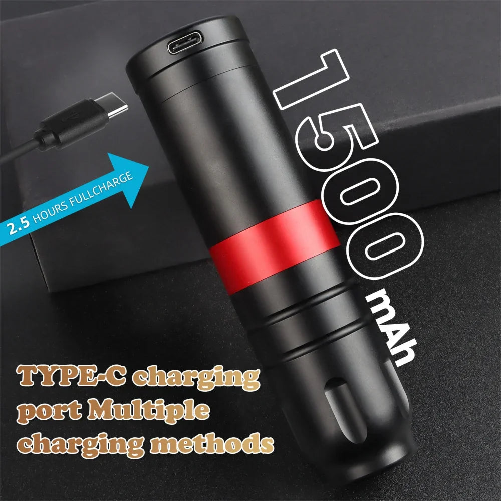Wireless tattoo machine featuring 1500mAh battery and Type-C charging port.