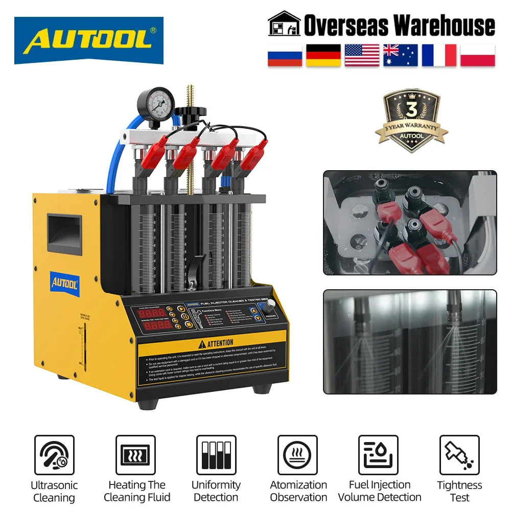 Automotive fuel injector cleaner and tester machine with pressure gauge, measuring cylinders, and indicator icons.
