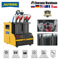Automotive fuel injector cleaner and tester machine with pressure gauge, measuring cylinders, and indicator icons.