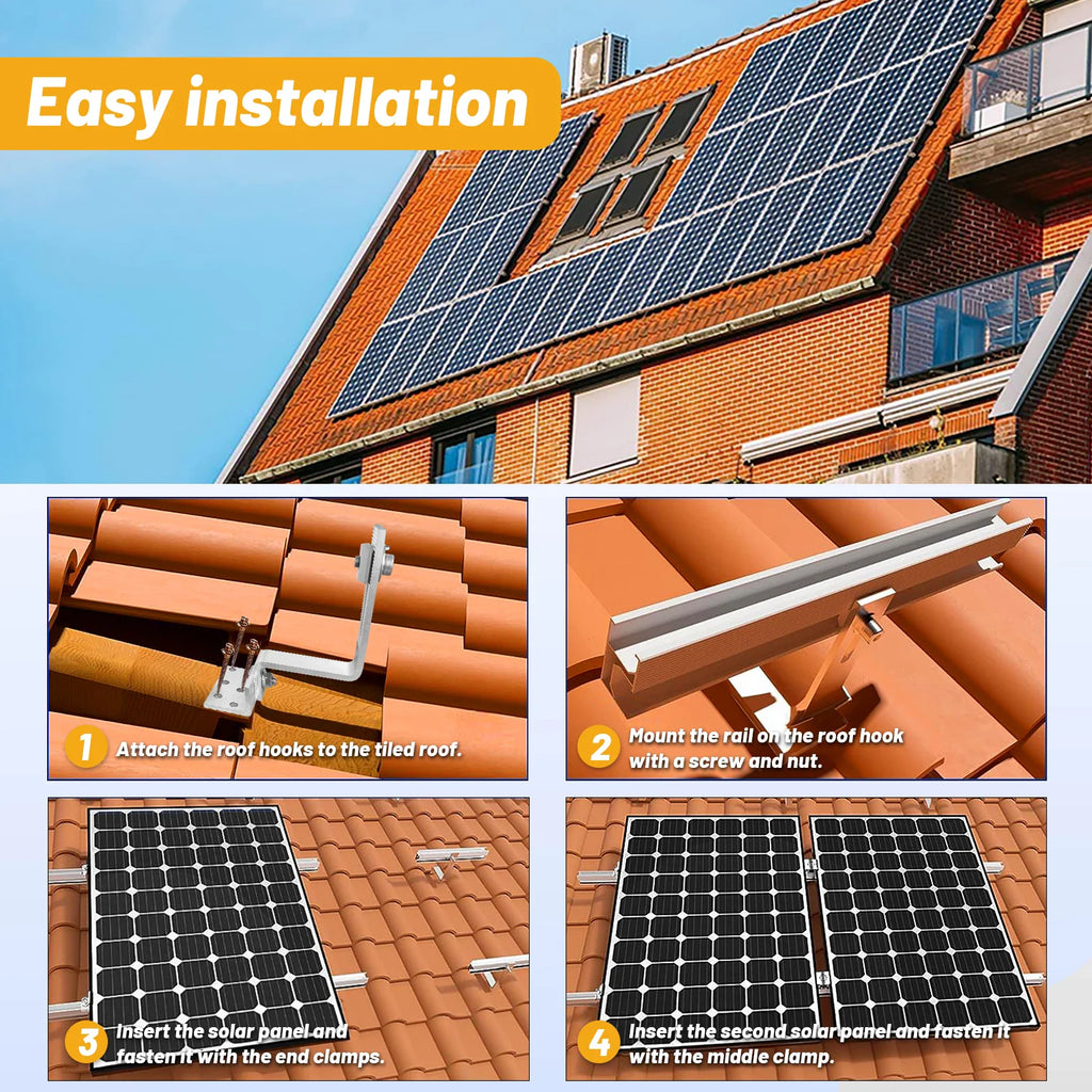 Step-by-step installation instructions for solar panel mounting system on a red tile roof