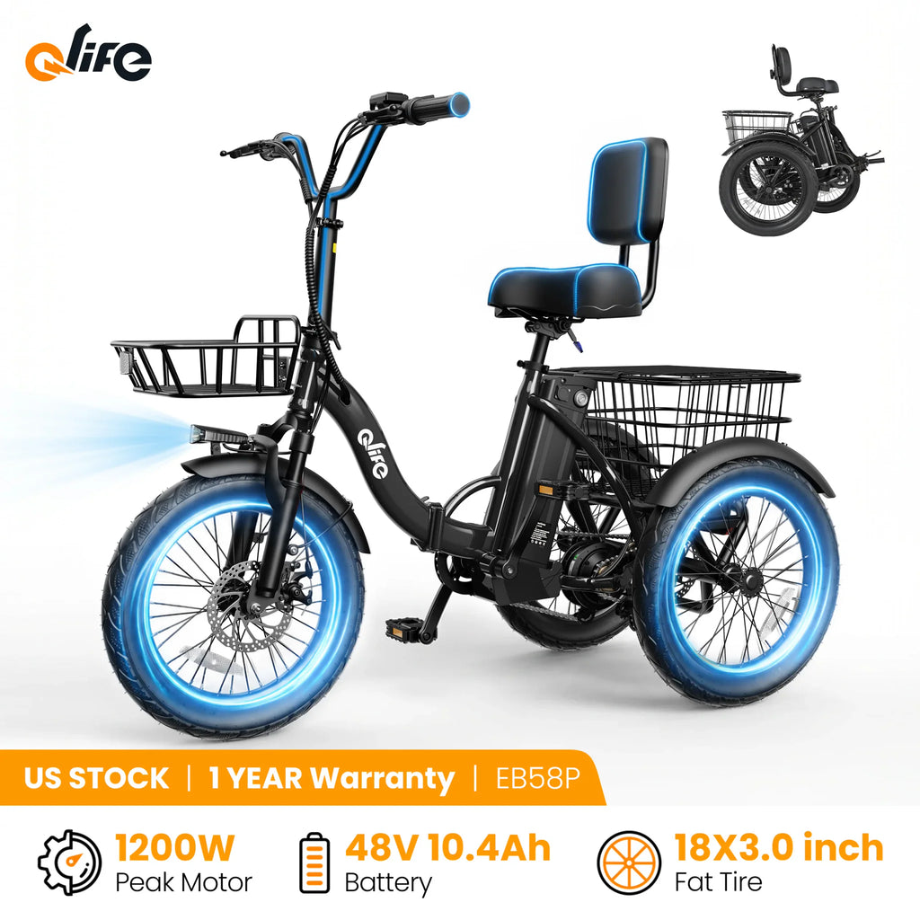 Folding electric tricycle with fat tires, front and rear baskets, and cushioned seat with backrest.