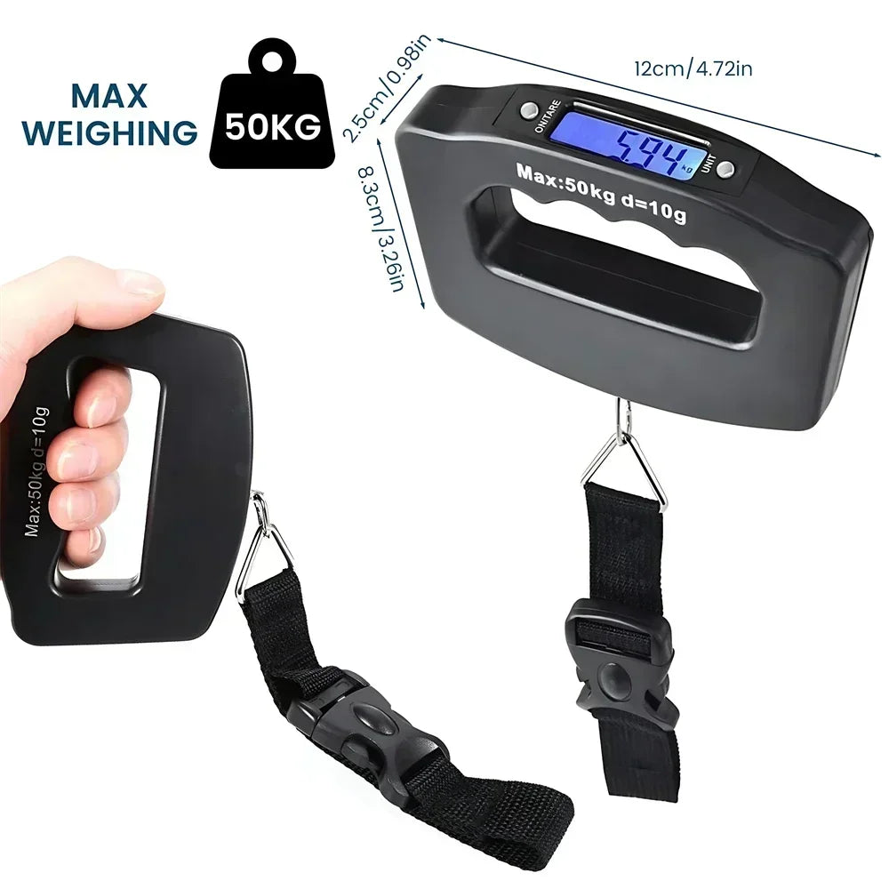 A black digital luggage scale measuring 50kg, showing dimensions and a hand holding the device.