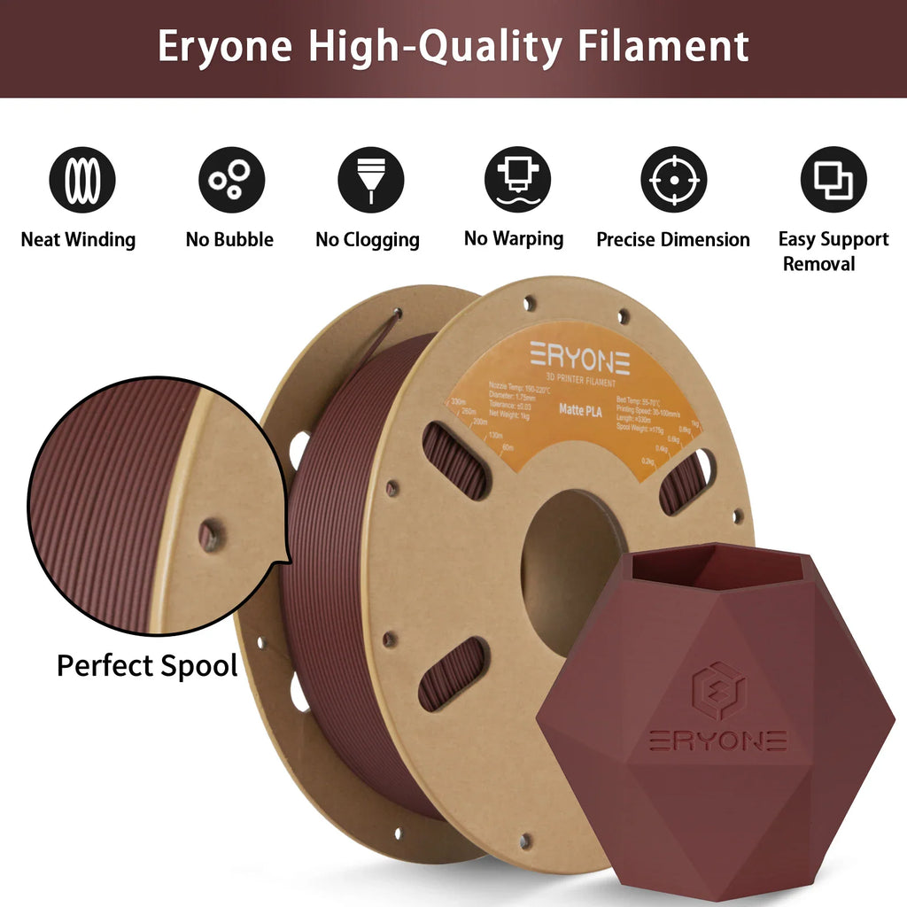 Brown matte PLA filament spool and 3D printed geometric vase with feature icons.