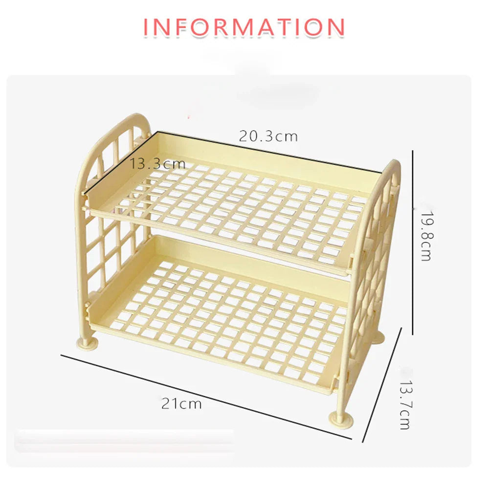 Technical diagram with measurements for a two-tier plastic desk storage shelf