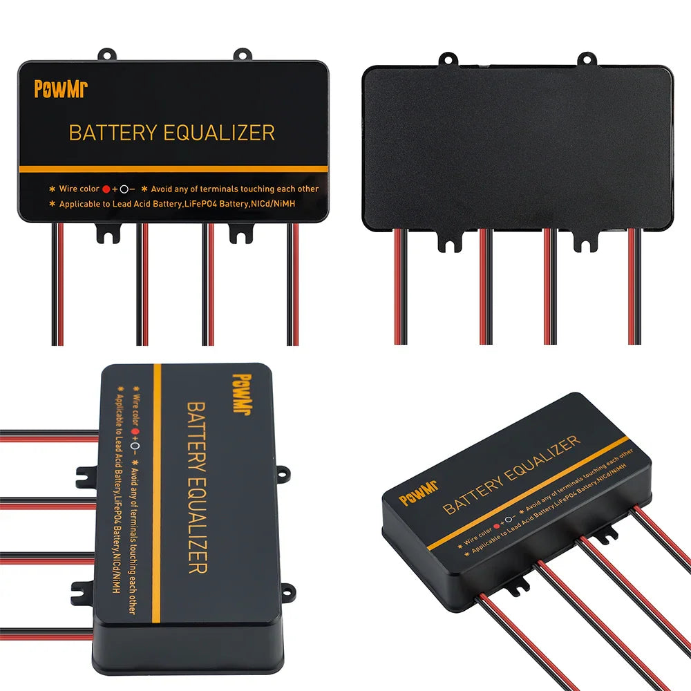 Four different views of a black battery equalizer device