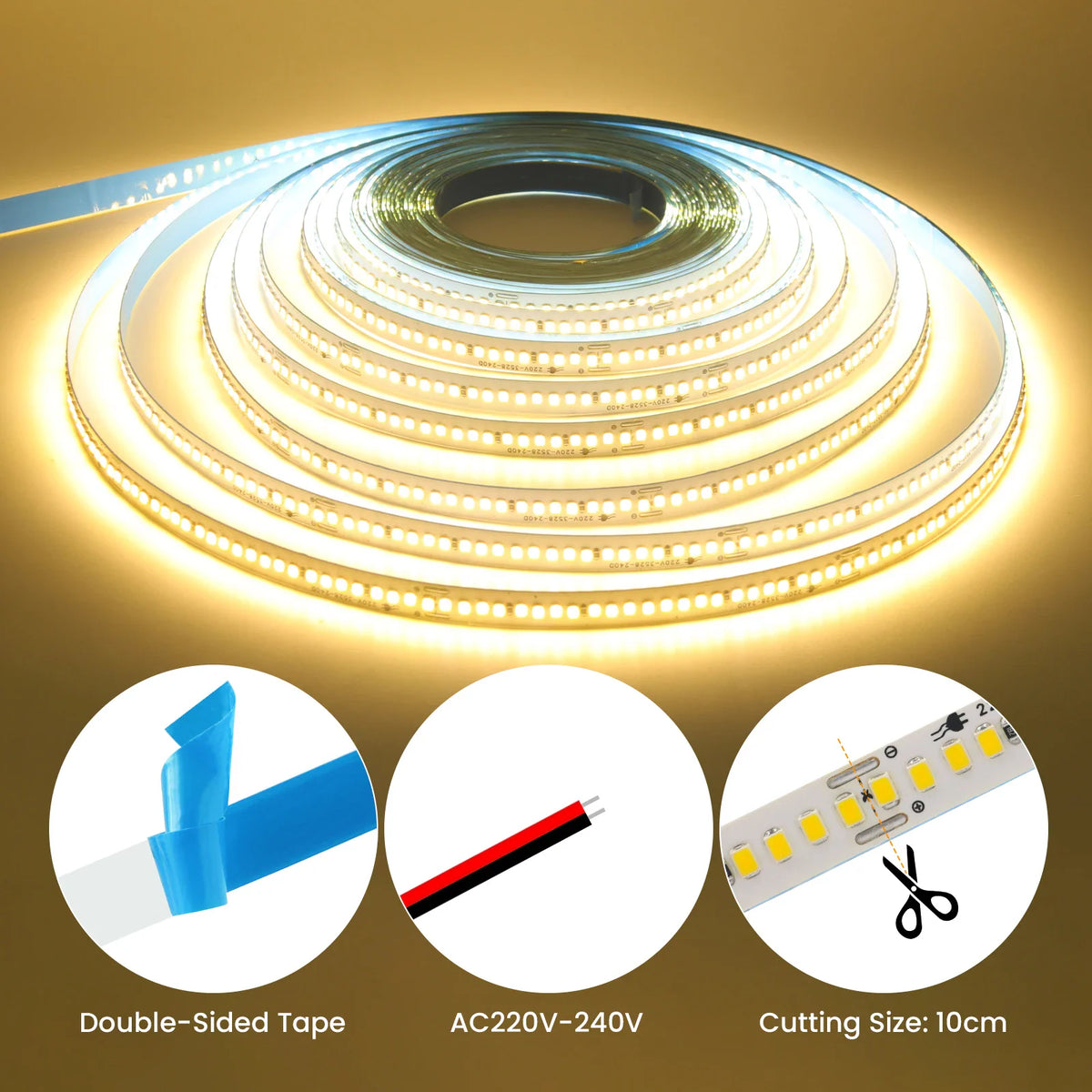 AC 110V 220V LED Strip With 2PIN Cable 240Leds/M IP44 3000K 4000K 7000K Self Adhesive Flexible Ribbon Stripe Home Decor Light – view 3