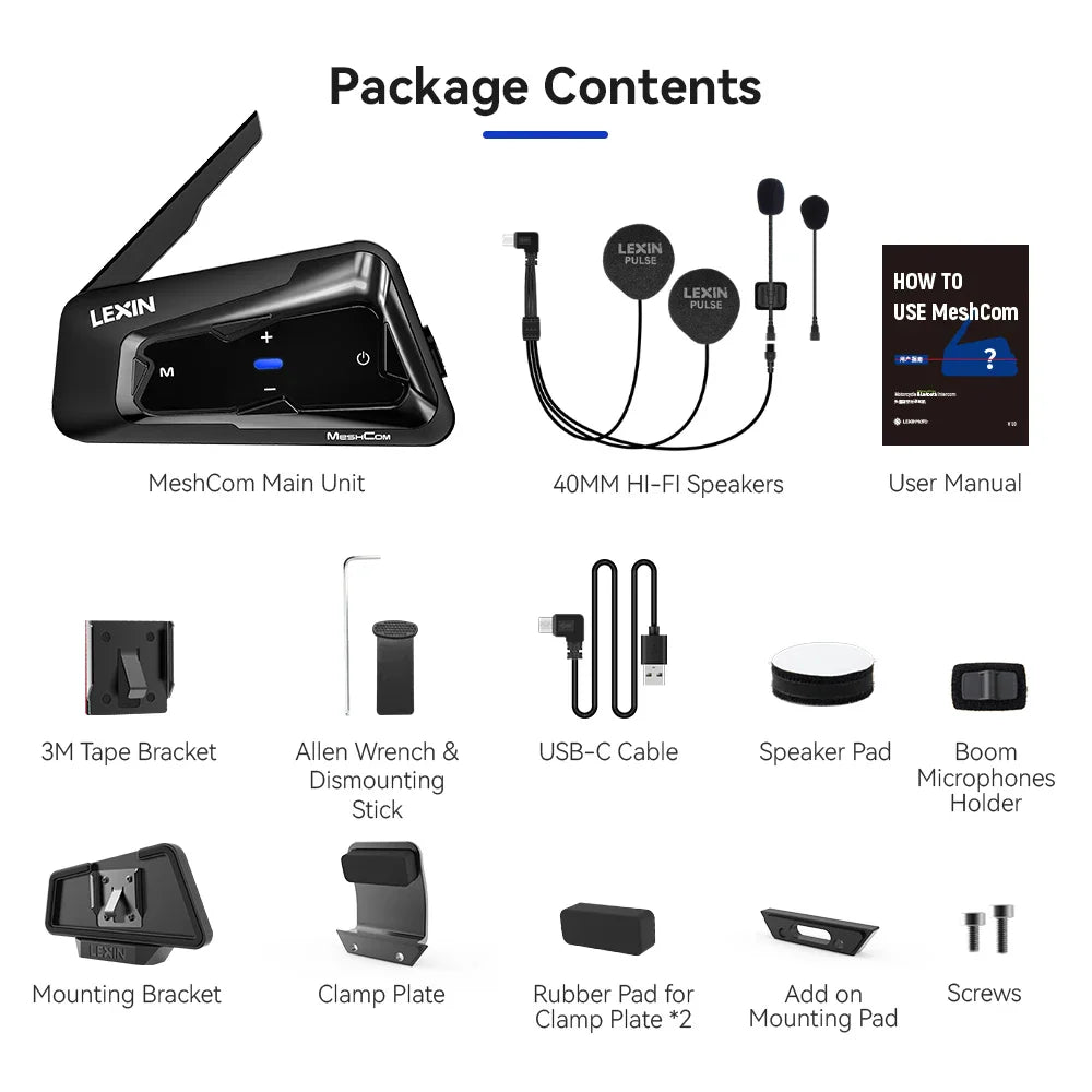 Complete set of package contents for a motorcycle intercom system including main unit, speakers, and mounting hardware