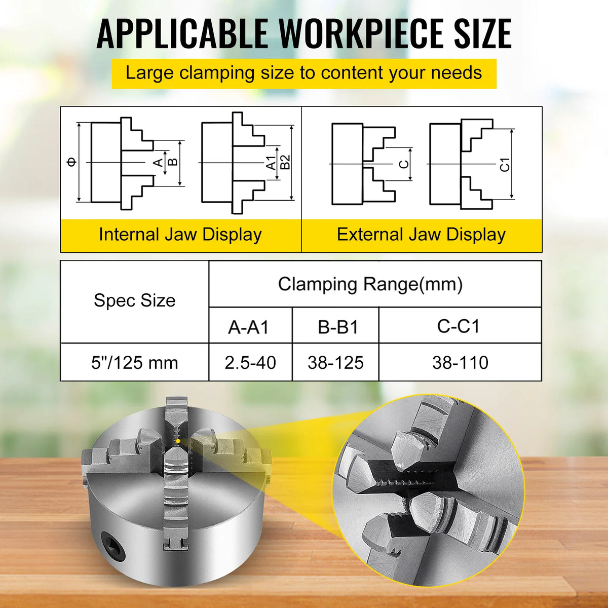 Technical diagram showing clamping ranges and dimensions for a 125mm 4-jaw lathe chuck