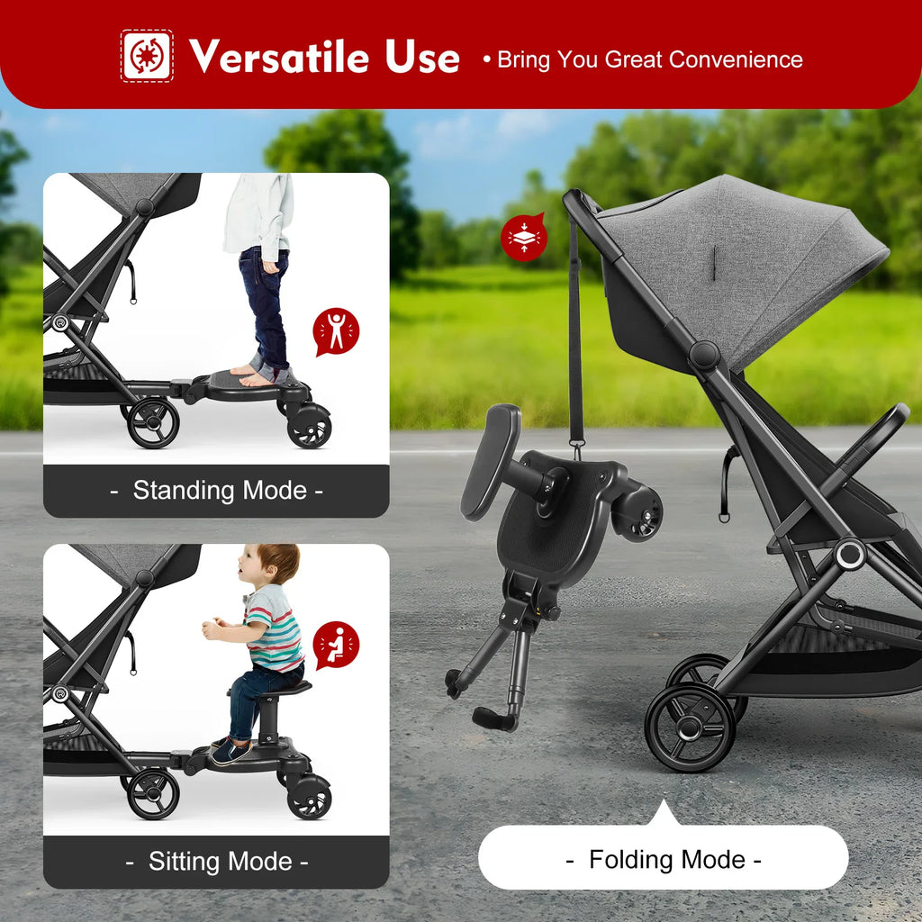 Universal stroller board demonstrating standing, sitting, and folding modes