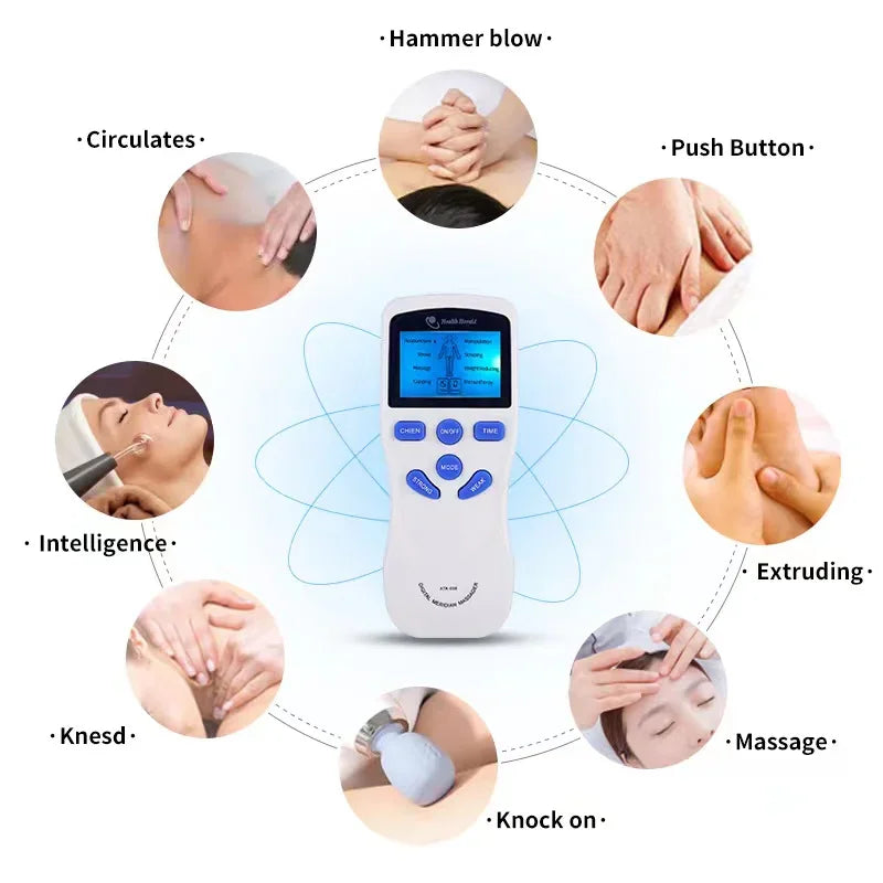 Digital electronic pulse meridian massager surrounded by illustrations of massage techniques on human body
