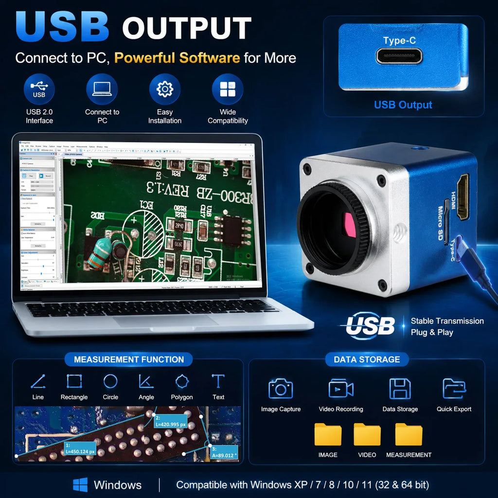 4K microscope camera with USB output showing software interface for PC connectivity and measurements.