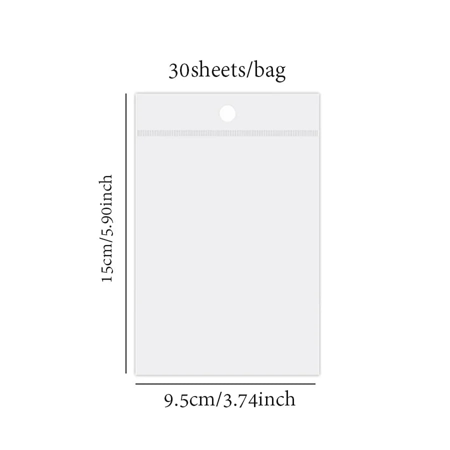 Size chart showing dimensions of a transparent plastic stationery storage bag