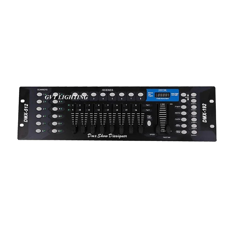 Front-facing view of a DMX 512 stage lighting controller console