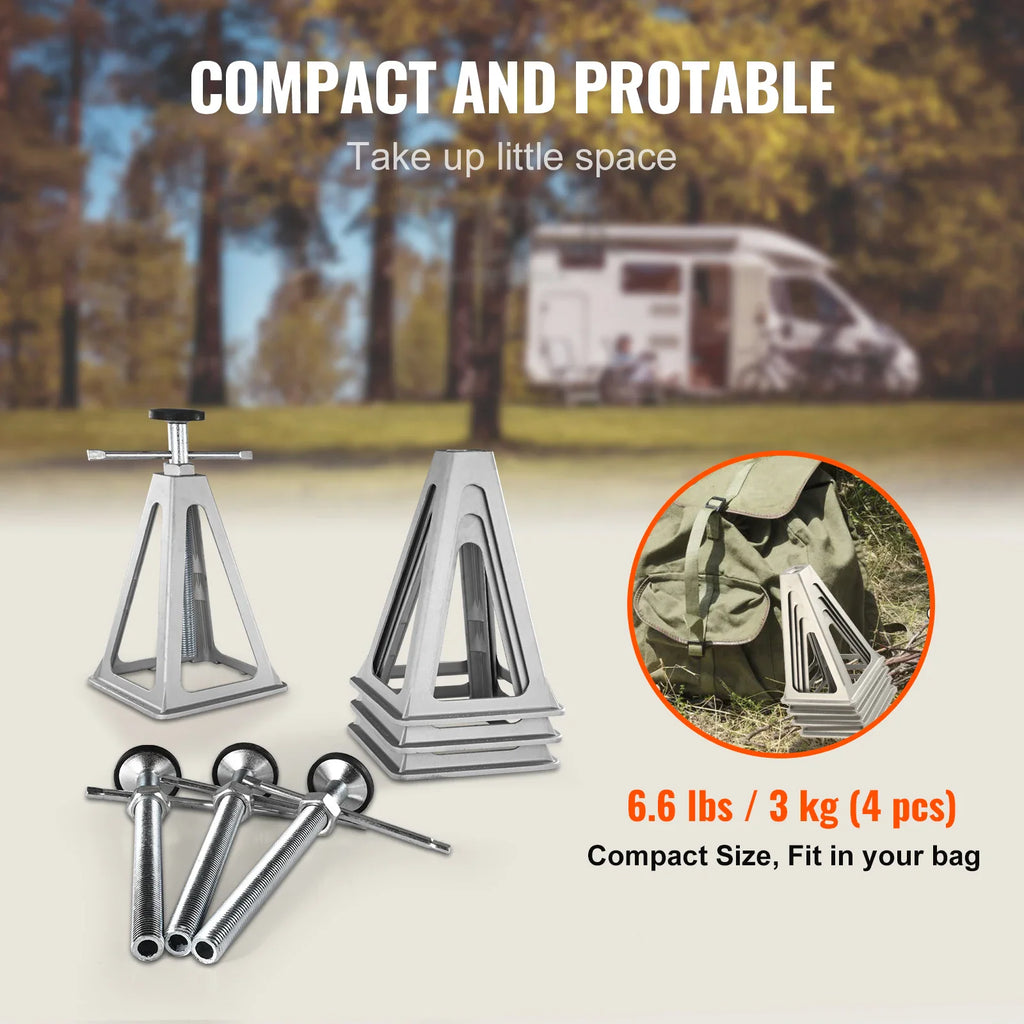 Portable metal RV stabilizer jacks dismantled and packed compactly into a travel bag.