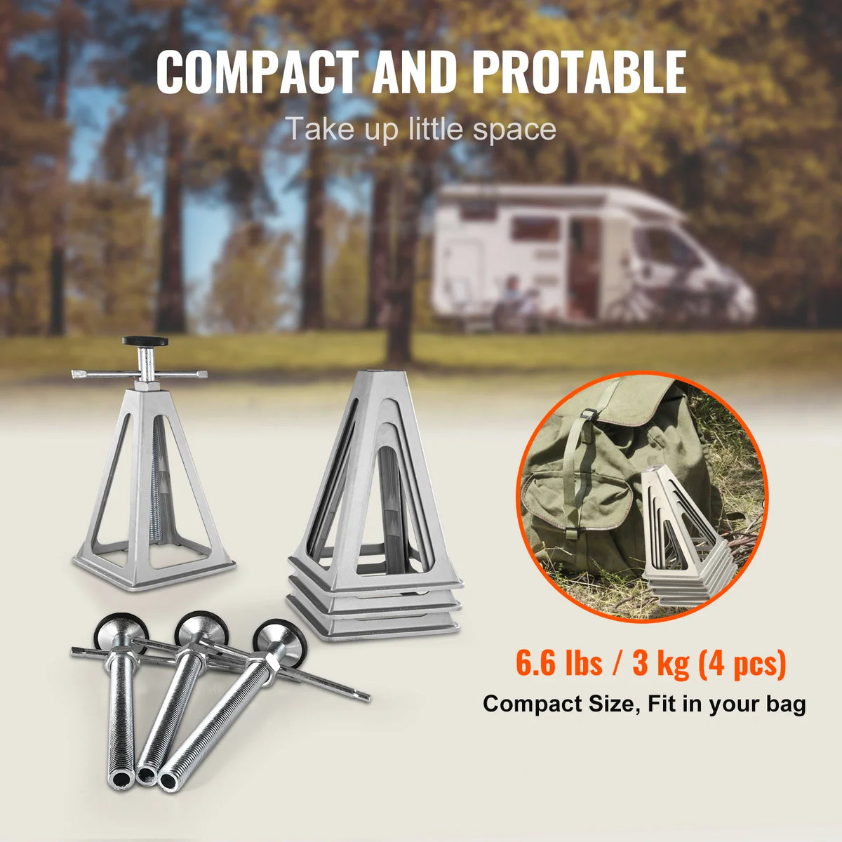 Portable metal RV stabilizer jacks dismantled and packed compactly into a travel bag.