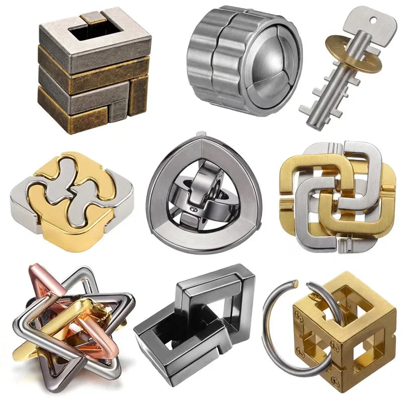 Set of various metal brain teaser puzzles and disentanglement games