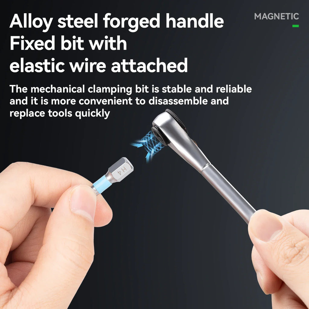 Hand holding a magnetic ratchet wrench and a screwdriver bit for easy attachment