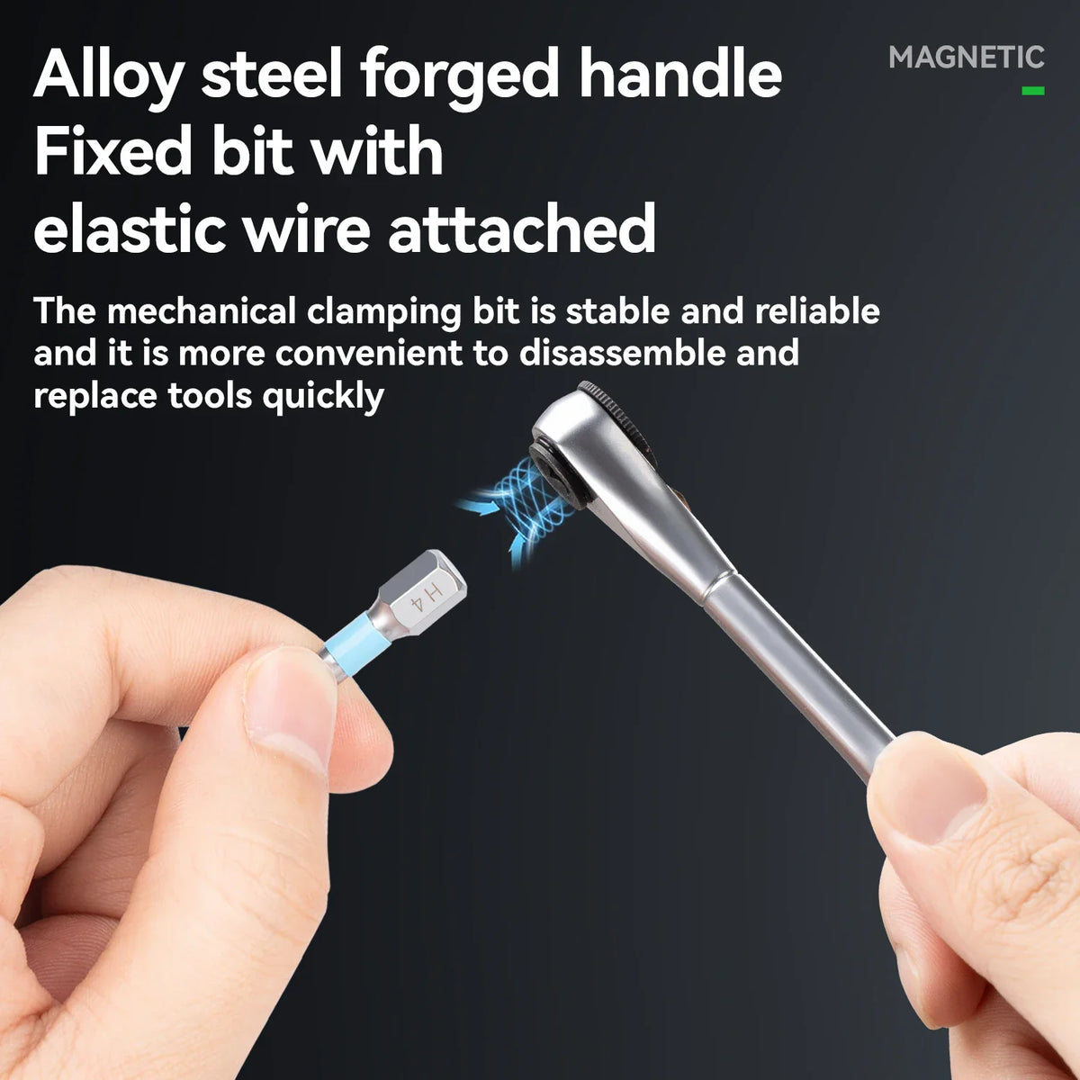Hand holding a magnetic ratchet wrench and a screwdriver bit for easy attachment