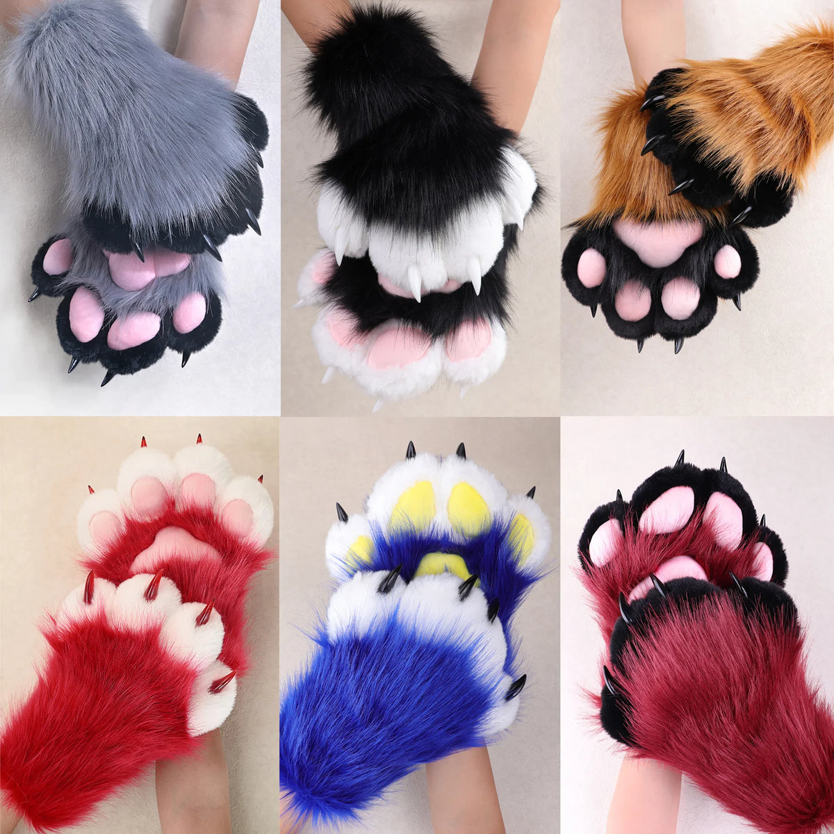 A variety of colorful faux fur animal claw gloves in red, blue, black, gray, and brown.