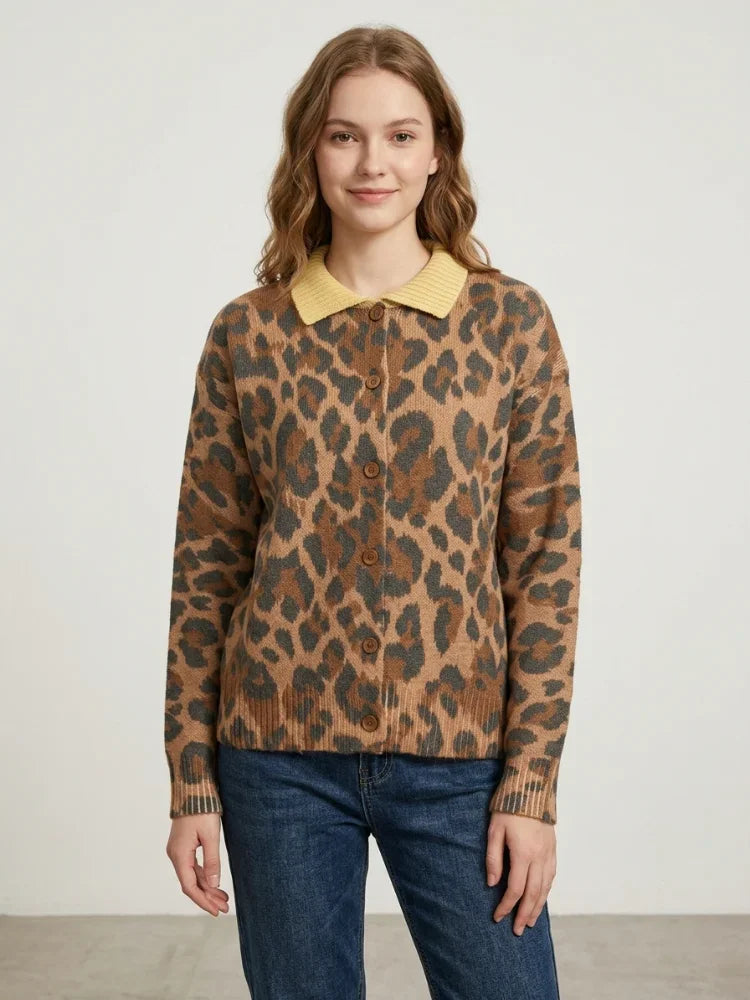 Woman wearing a vintage leopard print knit cardigan with a yellow collar and front buttons