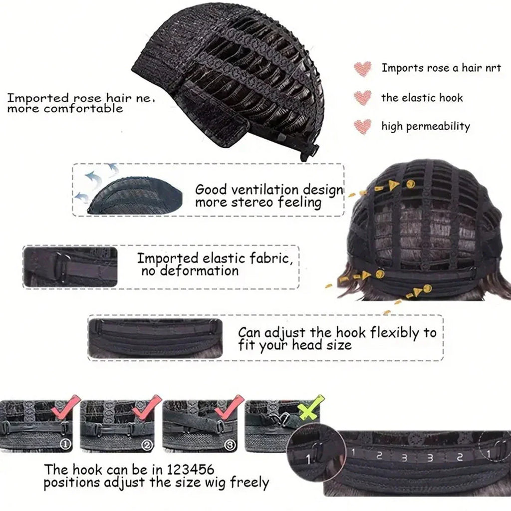 Diagram showing the internal adjustable cap construction of a short wig with various descriptive labels.