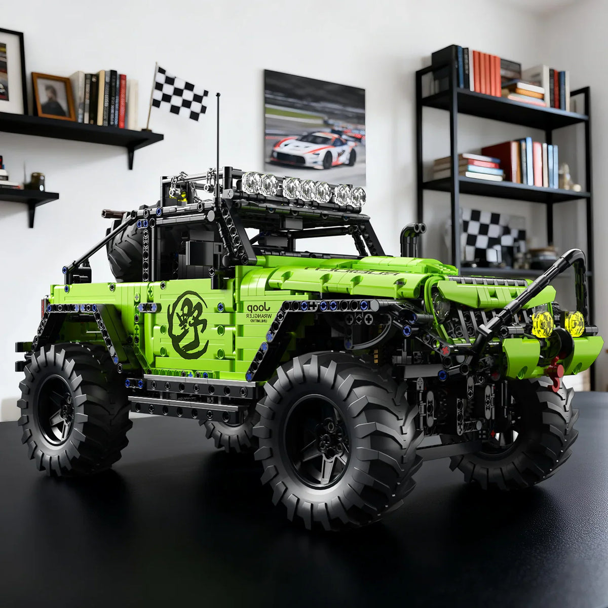 Green building block off-road truck model displayed on a black surface in a room.