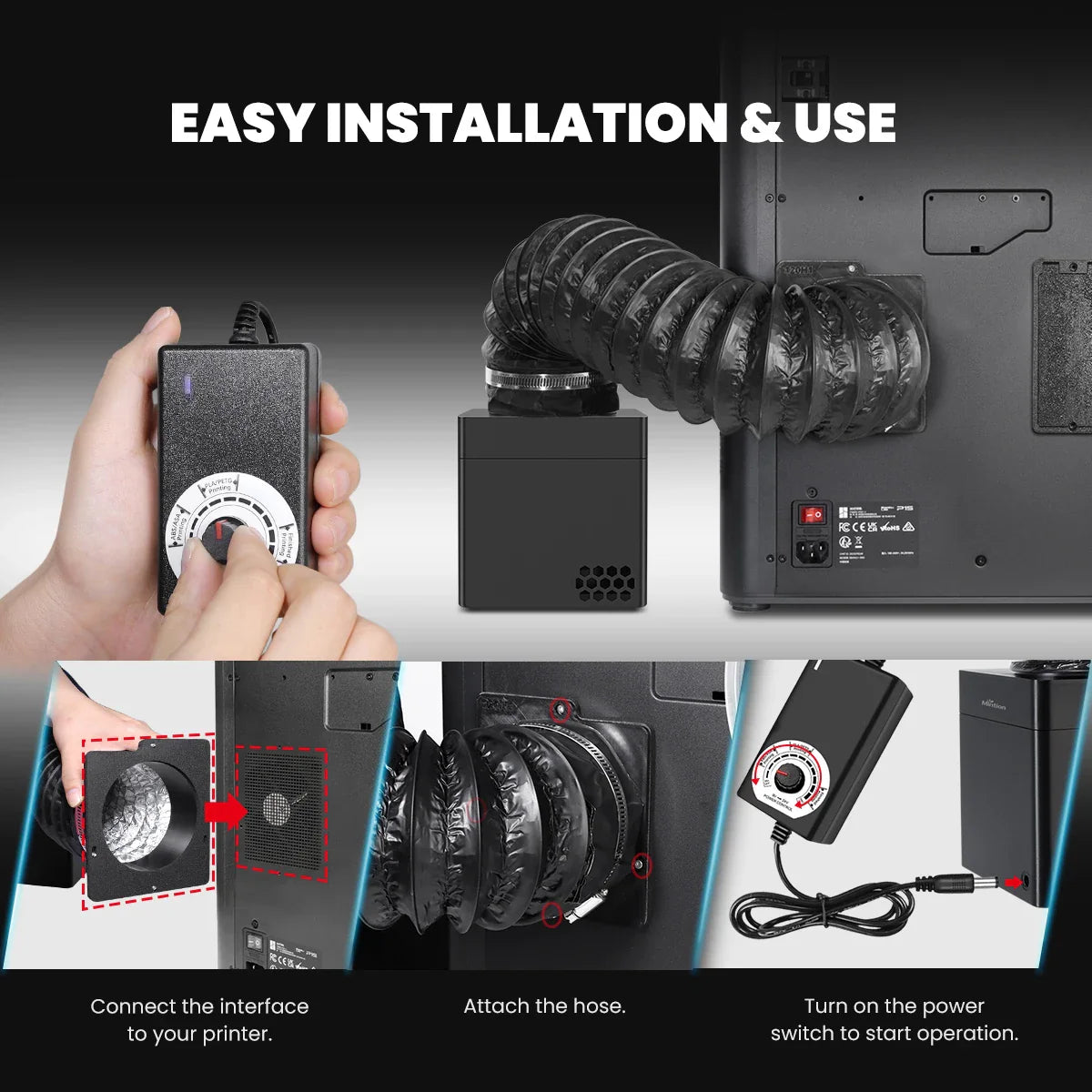 Step-by-step installation instructions for 3D printer air filtration system, connecting hose to printer and power