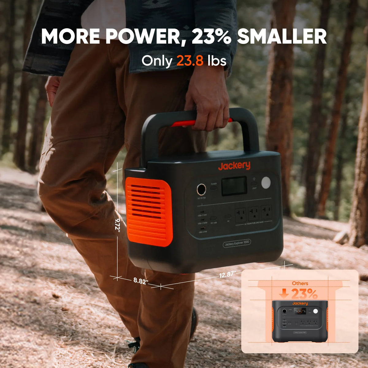 Person carrying a compact portable power station outdoors in a forest setting.