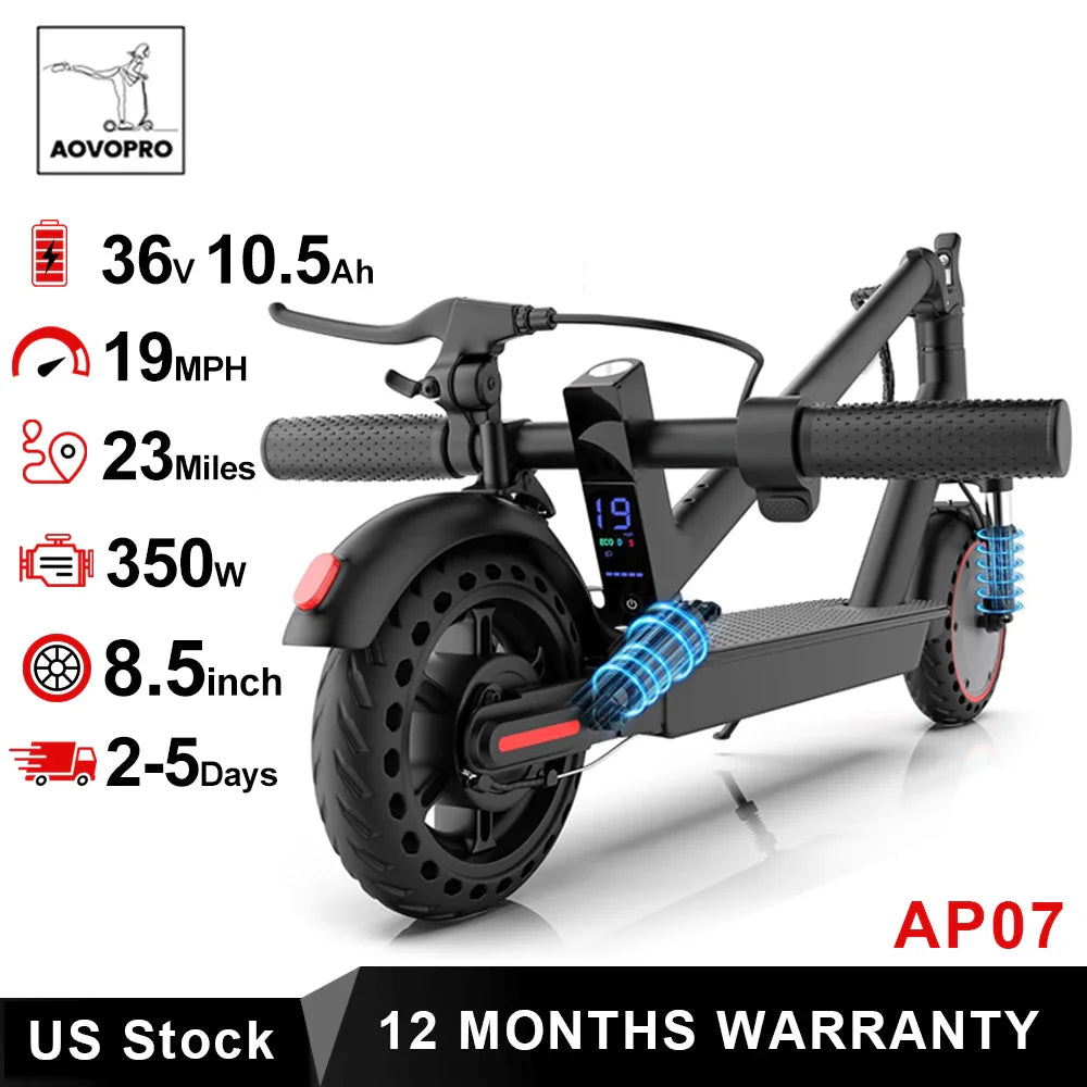 Aovopro AP07 electric scooter in black with 8.5-inch solid tires and front and rear shock absorption