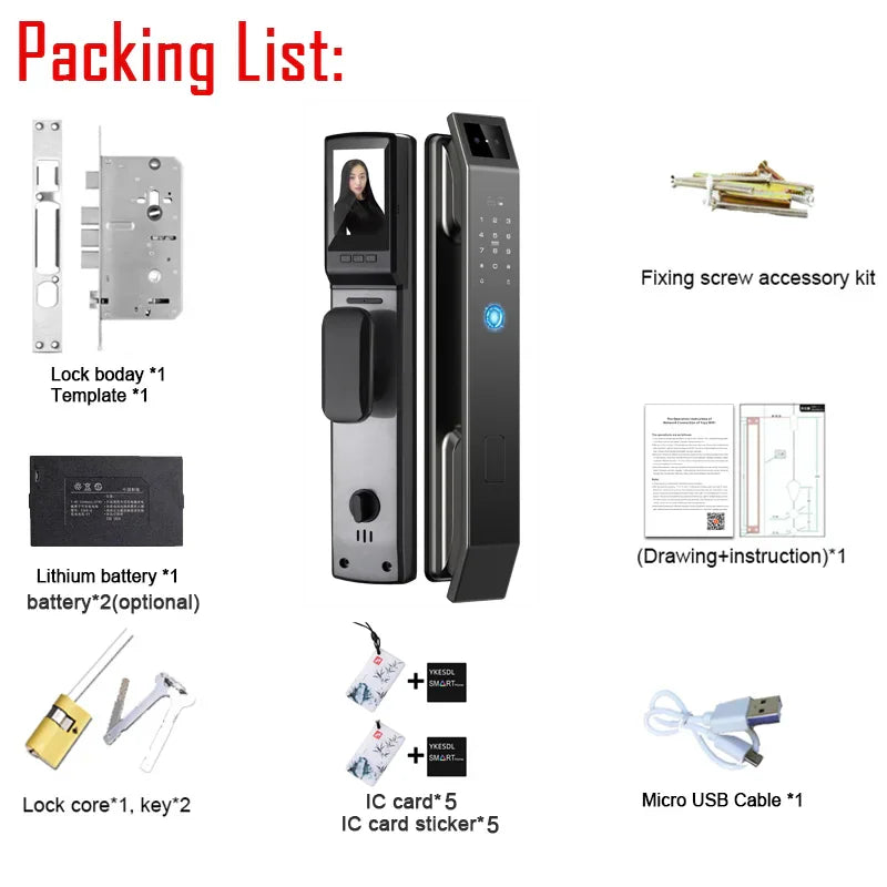 Packing list contents for a smart digital door lock including hardware, electronic components, and installation guide.