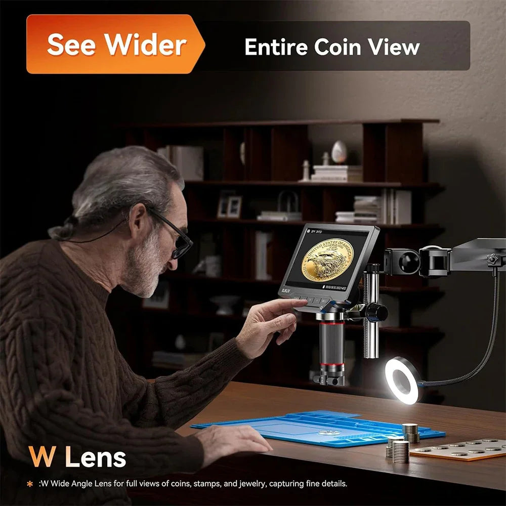 Person using a wide angle lens digital microscope for coin inspection on a soldering mat.
