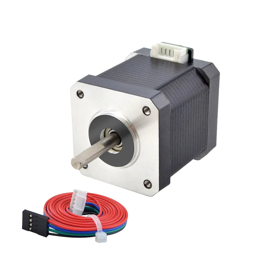 Nema 17 stepper motor with black body, silver front, and a red wiring harness with connector