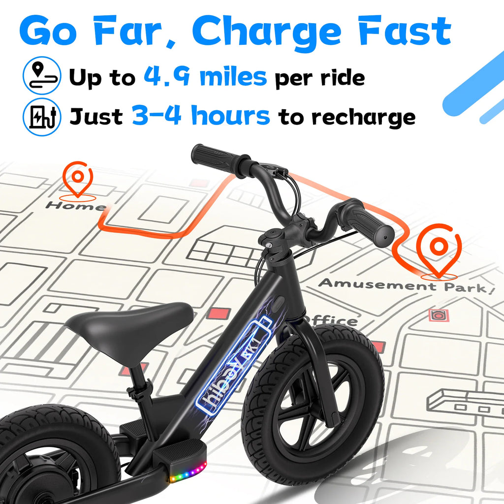 Electric balance bike on a map background illustrating range and charging time