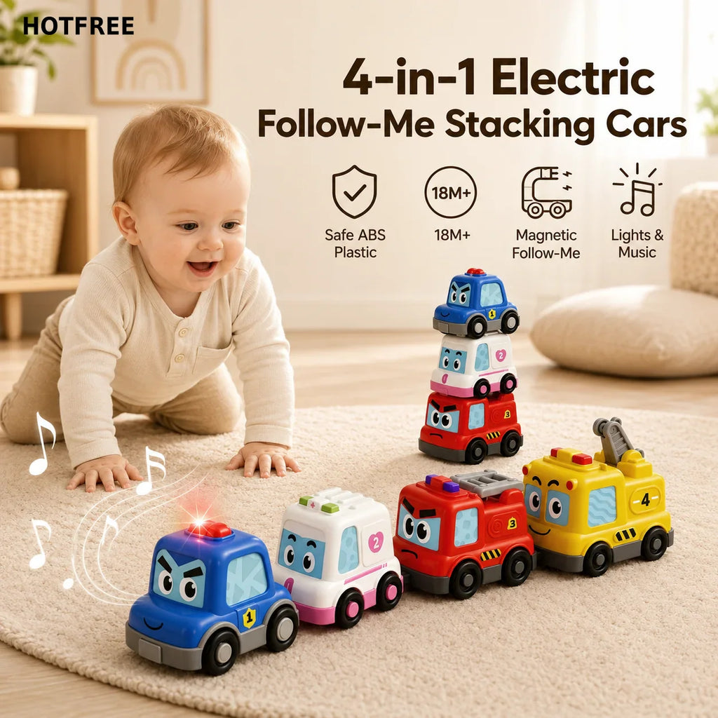 A toddler playing with a set of four stacking and magnetic electric toy cars with lights and music