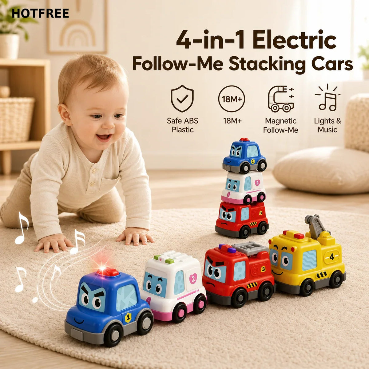 A toddler playing with a set of four stacking and magnetic electric toy cars with lights and music