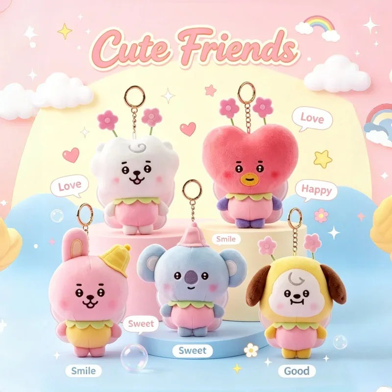Collection of five assorted animal plush keychains on a pastel display