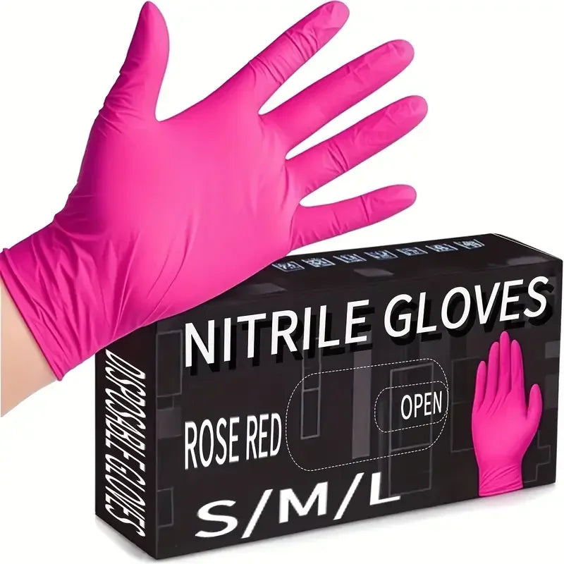 A hand wearing a vibrant pink nitrile glove next to a product box for disposable nitrile gloves