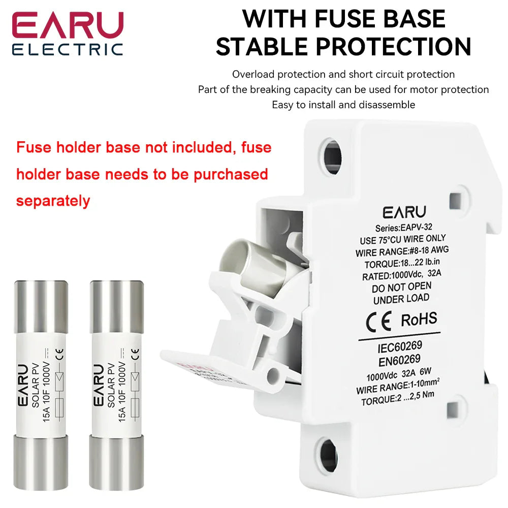 A solar PV fuse next to a white fuse holder base with technical specifications written on it.