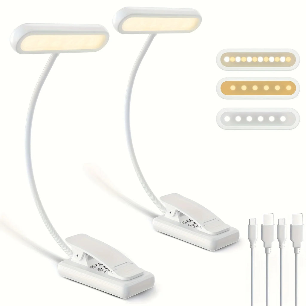 Two white rechargeable clip-on reading lights and charging cables