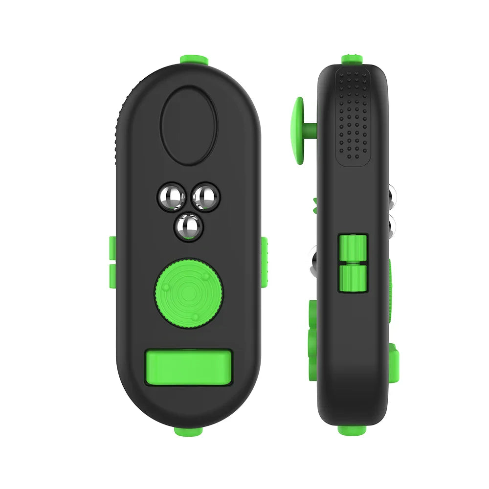 Black and neon green handheld fidget controller toy showing front and side views