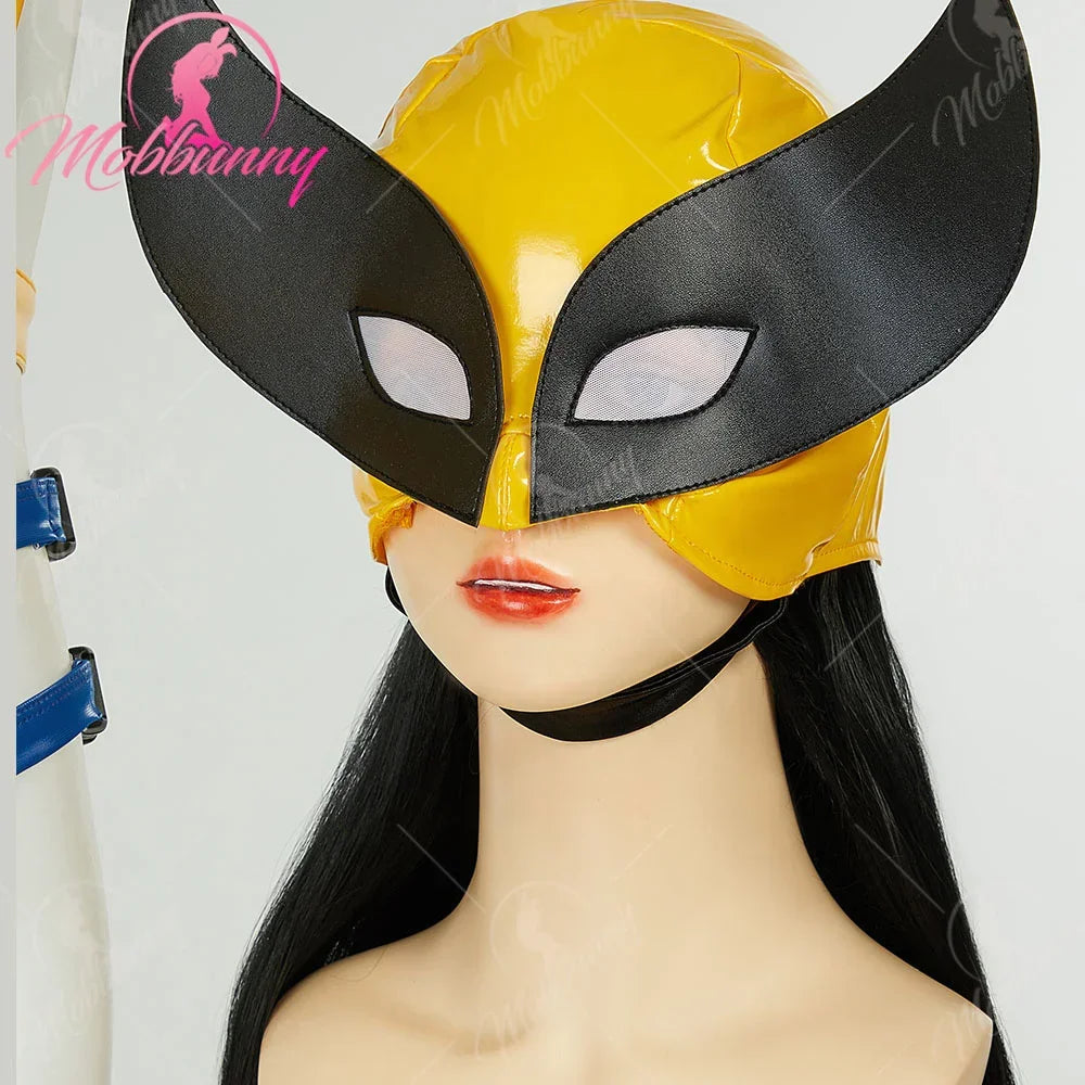Close up view of a cosplay mask worn by a mannequin with black hair