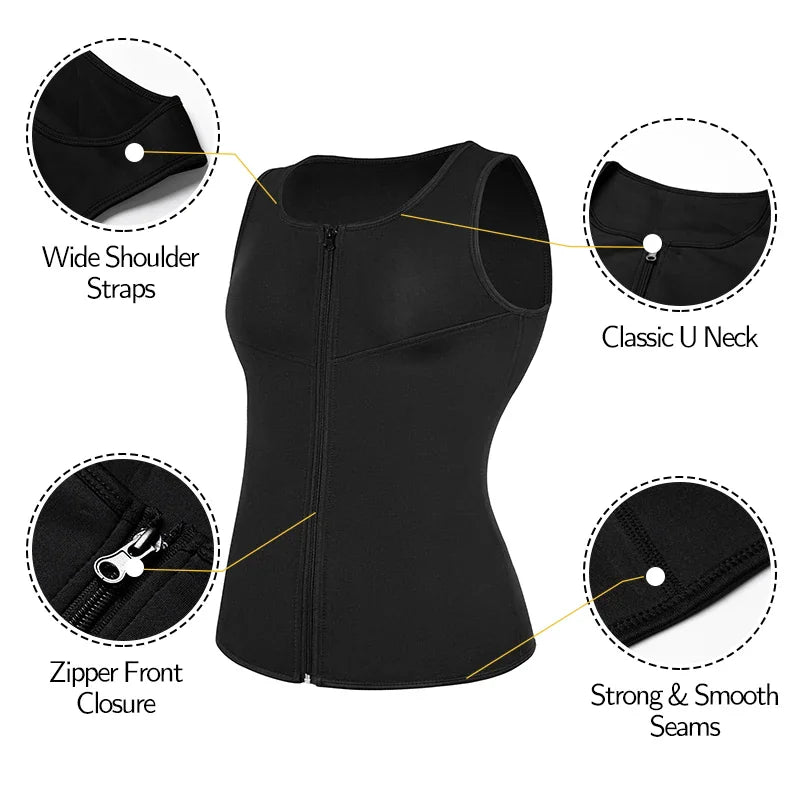 Men's black neoprene waist trainer vest showing detailed features like zipper and straps