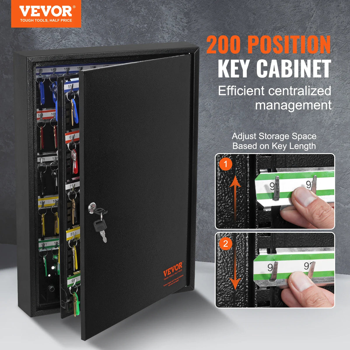 Black 200-key security cabinet with adjustable interior racks, shown open with a key in the lock.