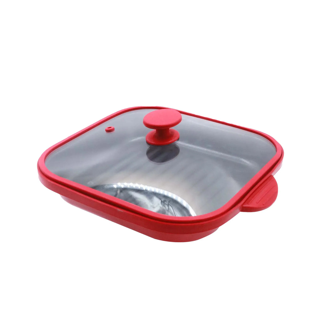 Square red microwave grill pan with glass lid on white background