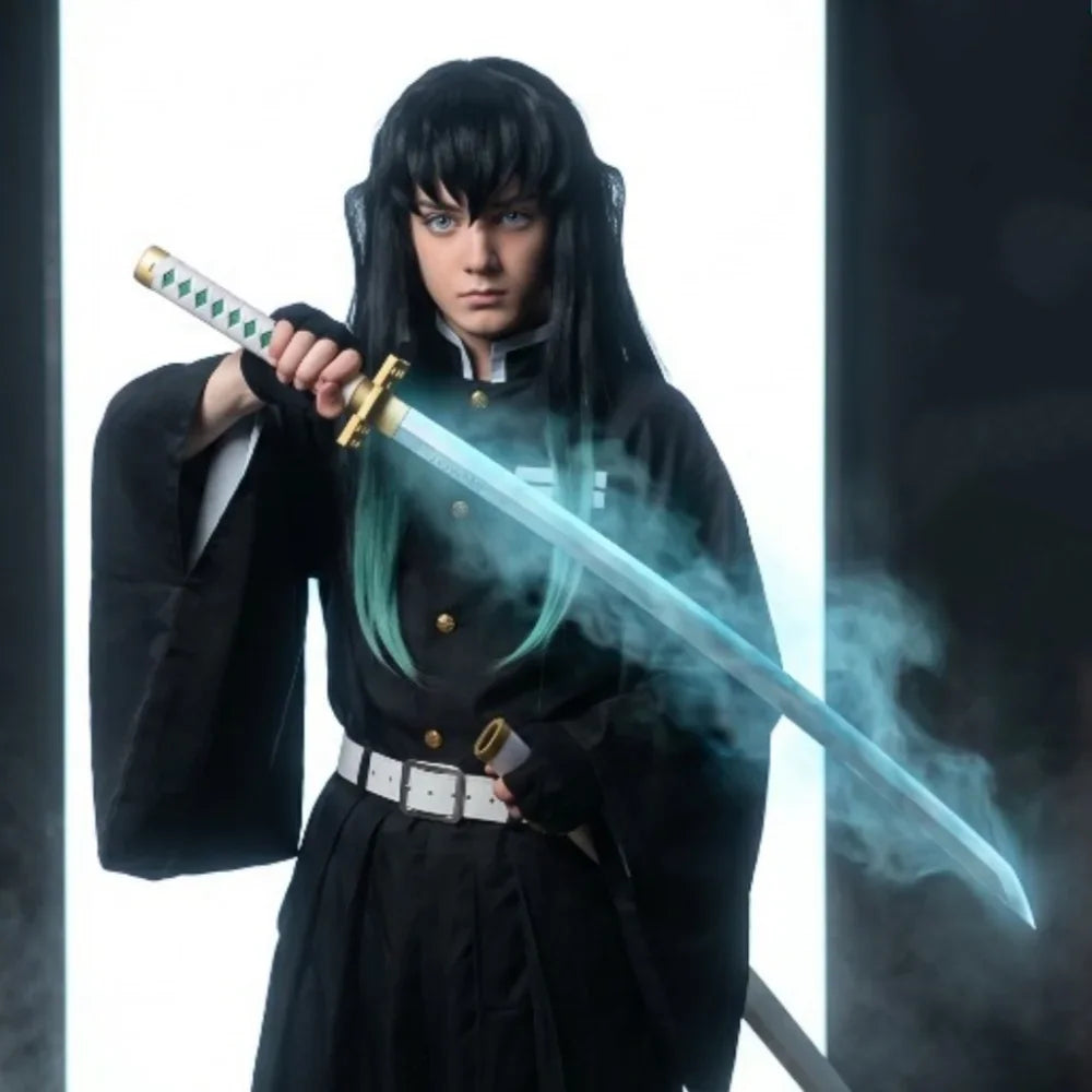Cosplayer holding a replica Japanese sword with blue vapor effect