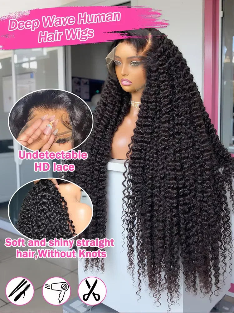 Deep wave human hair wig on a mannequin head with zoomed in views of the lace and hair texture
