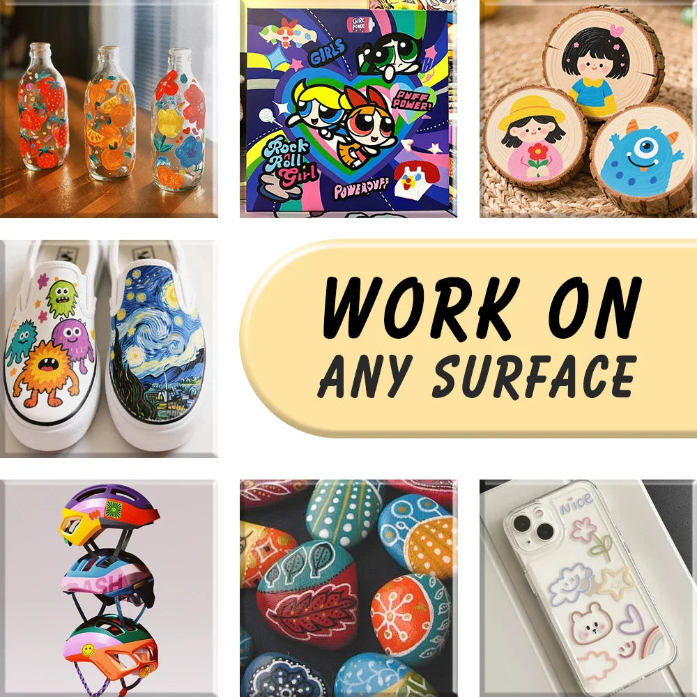 Various surfaces painted with acrylic markers including shoes, helmets, and stones