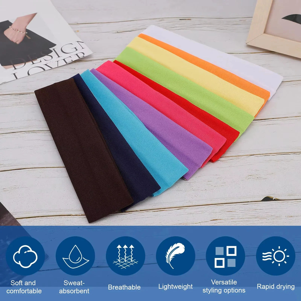 A group of colorful fabric headbands arranged on a wooden surface with feature icons.
