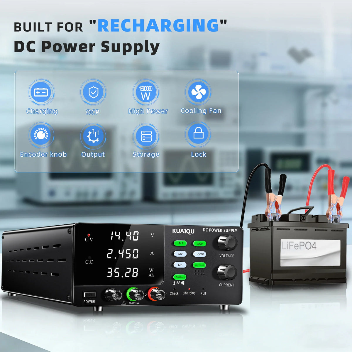60V 20A DC power supply charging a lithium iron phosphate battery